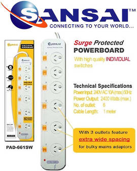SANSAI 6 Way Surge Protected Power Board